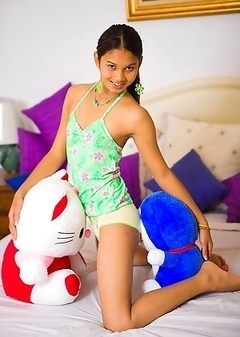 Teenage Ladyboy Lee with small tits plays with stuffed animals